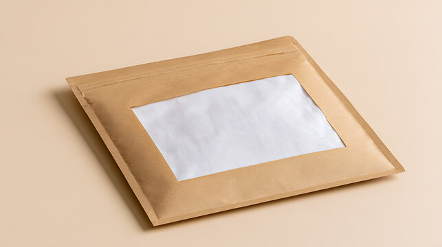 Blank brown craft paper envelope with transparent window mockup isolated on soft beige background studio shot for eco friendly commerce design