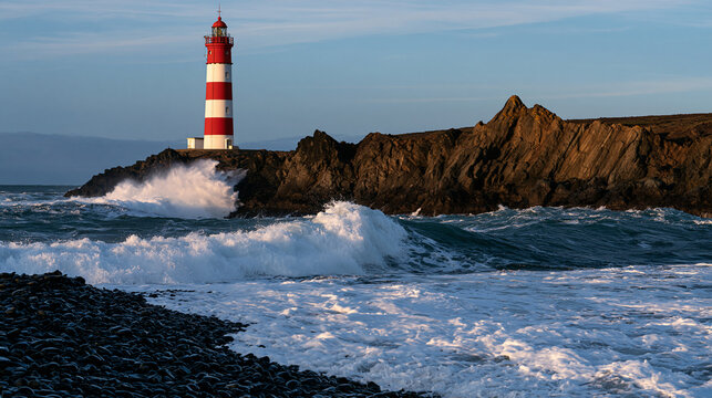 A red and white striped lighthouse stands on a rocky coastline with crashing ocean waves during bright daylight. Perfect for travel and maritime navigation concepts.