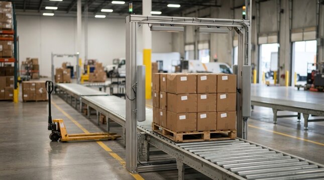 Warehouse automation with UHF RFID gate, shipping cartons, pallet jack, conveyor rollers, and adhesive tracking labels in a logistics facility.