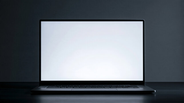 A modern laptop with a blank glowing screen sits on a dark desk in a dimly lit room. This mockup image is perfect for website design and tech presentations.