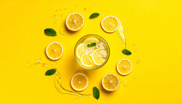 Refreshing lemonade with ice and mint surrounded by fresh lemon slices on a bright yellow backdrop evokes vibrant summer energy. Perfect for beverage concepts, with nobody around.