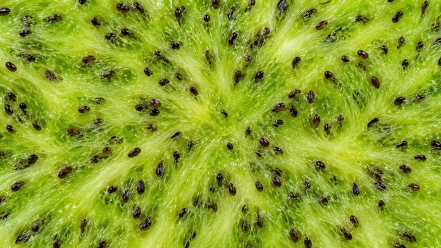 Fresh green kiwi flesh texture dotted with tiny black seeds