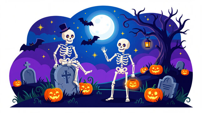 Halloween Skeletons in Graveyard, Two friendly skeletons with glowing jack-o-lanterns under a full moon and spooky tree