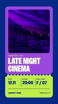 Frame Cut Stories / Bold Purple Cinema Ticket With a Perforated Edge for Film Screenings, Event Promos and Social Media / Vertical / Part 02