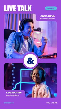 Frame Cut Stories / Bold Purple Interview Cards With Stepped Photo Windows for Podcasts, Live Talks and Social Media / Vertical / Part 05