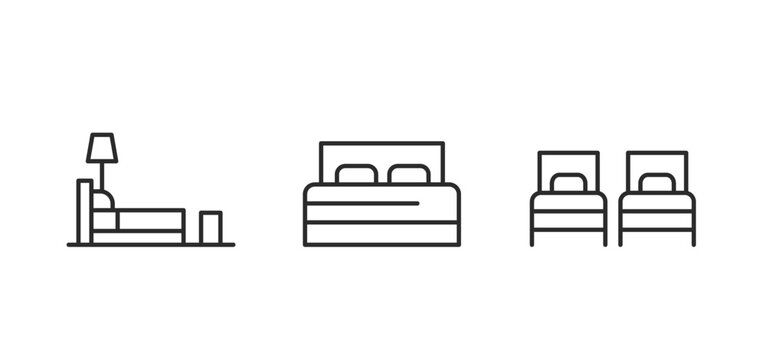 Icons set of bed objects with bed, pillow, bedside lamp and bedroom. Each icon uses a clean linear outline. Mattress, blanket and sleep outline icon collection. Vector illustration.