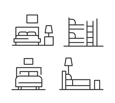 Icons set of bed elements featuring double bed, bunk bed, bedside lamp and bedroom. Each icon is drawn in linear style. Pillow, mattress and blanket outline icon collection. Vector illustration.