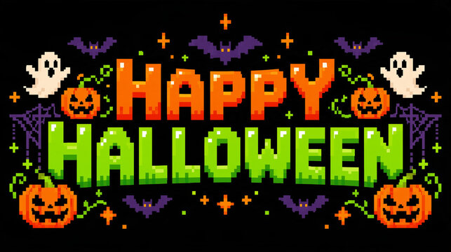 Happy halloween pixel art text in orange and green 8-bit lettering with pixelated pumpkins, ghosts, bats, spider webs and sparkles on a black background, retro arcade video game halloween greeting