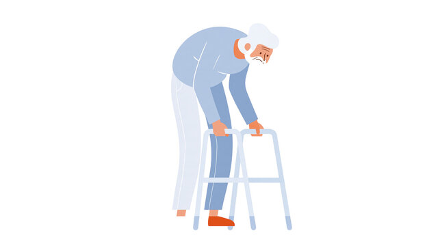 Isolated old man struggling with walker, experiencing mobility issues and physical weakness