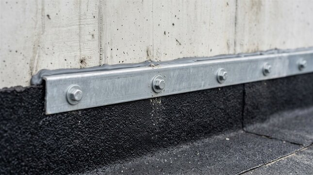Termination bar securing waterproofing membrane flashing to concrete wall with sealant