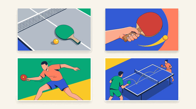 Vibrant Table Tennis Illustration Set featuring minimalist flat design of ping pong paddles, balls, and players in action, ideal for sports blog graphics and tournament posters.