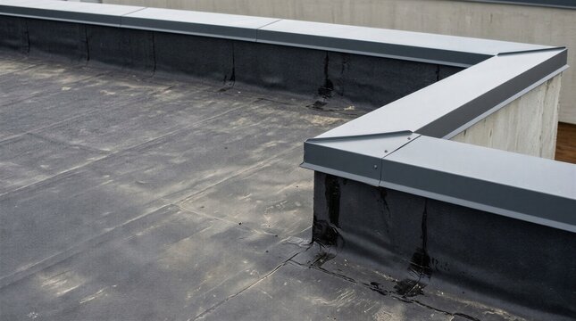 Modern metal coping cap installed on flat roof parapet wall with bitumen membrane