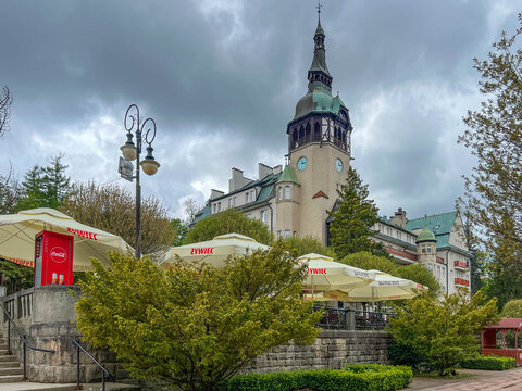 Swieradow-Zdroj, Poland, May 15, 2026: The park and the Spa House (Dom Zdrojowy) in Swieradow-Zdroj &ndash; view from the park.