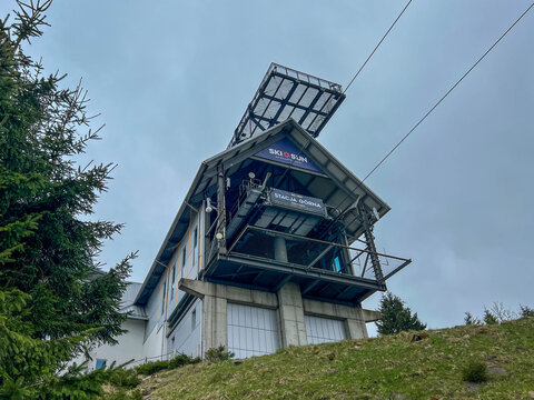 Swieradow-Zdroj, Poland, May 15, 2026: Gondola lift to Izerski Stog (1,060 m a.s.l.) in the Jizera Mountains, Poland