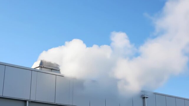 White smoke billows from a factory chimney against a clear blue sky. The industrial building's modern facade contrasts with the natural elements.