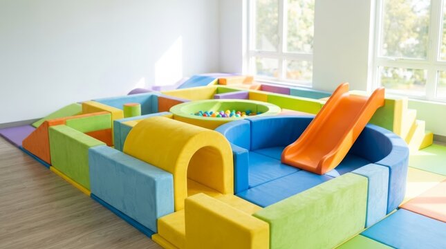 Indoor soft play area featuring a colorful foam block obstacle course with a ball pit and slide inside a modern sunlit playroom for early childhood development and activity centers