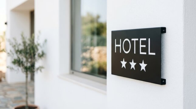 Three star hotel sign in matte black metal mounted on a bright white plaster wall for travel hospitality branding and luxury accommodation marketing collateral