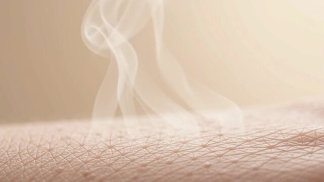 Macro texture of healthy human skin at bottom releasing subtle transparent hydration vapor toward expansive smooth warm beige copy space above