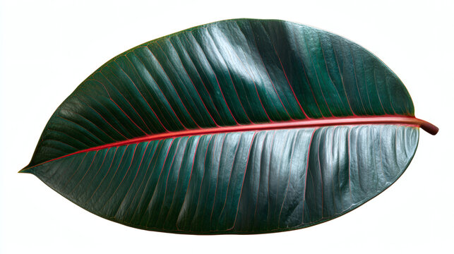 large thick rubber plant leaf with glossy dark green surface and red central vein