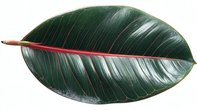 large thick rubber plant leaf with glossy dark green surface and red central vein