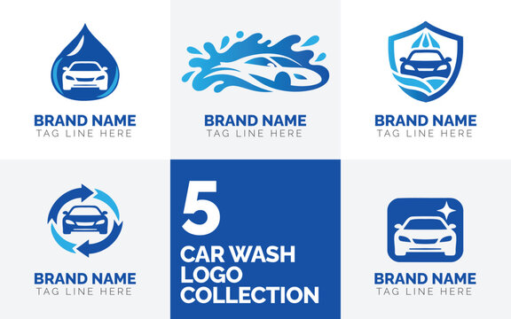 Car wash logo collection with blue water droplets, auto detailing badges and vehicle cleaning vector icons