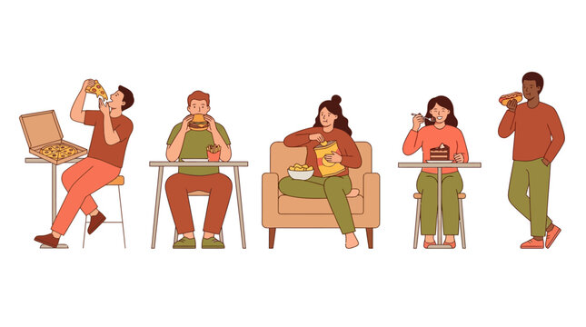 Diverse People Eating Junk Food flat illustration of men and women enjoying pizza, burgers, chips, cake, and hot dogs on white background ideal for nutrition blogs and food marketing.