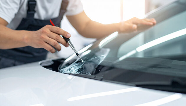 A skilled technician carefully applies a protective film to a car windshield in a bright workshop. This professional detailing process evokes precision, care, and quality automotive maintenance.