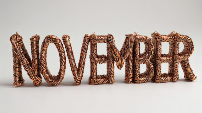 "NOVEMBER" formed from bent copper wire with a warm metallic patina