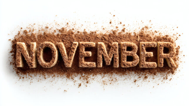 "NOVEMBER" in letters dusted with cinnamon and pumpkin spice powder on a white surface