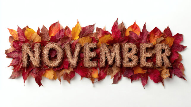  "NOVEMBER" formed entirely from dried autumn leaves in red
