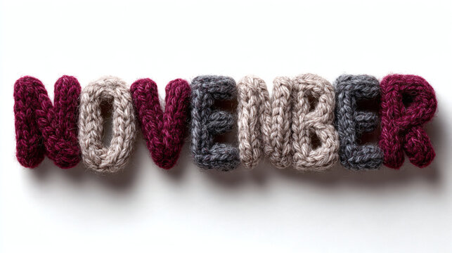 the word "NOVEMBER" formed from cozy knitted wool yarn in burgundy and gray tones