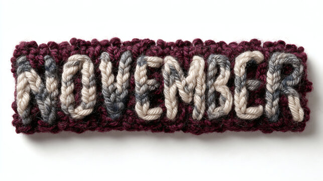 the word "NOVEMBER" formed from cozy knitted wool yarn in burgundy and gray tones