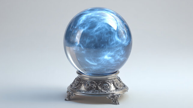 crystal ball with swirling mist and glowing blue light inside