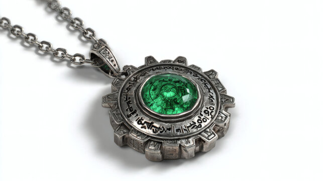 silver amulet with a glowing green gemstone and engraved mystical symbols