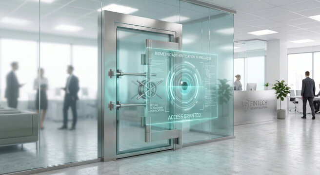 Futuristic high security vault door with digital biometric interface in modern office setting, glowing holographic access granted screen. Technology, cybersecurity, business safety.