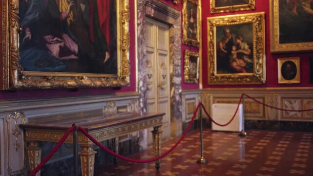 Blurred museum interior with gilded frames, ornate console table, red rope stanchions and patterned parquet floor in soft shallow focus; background copyspace template overlay.