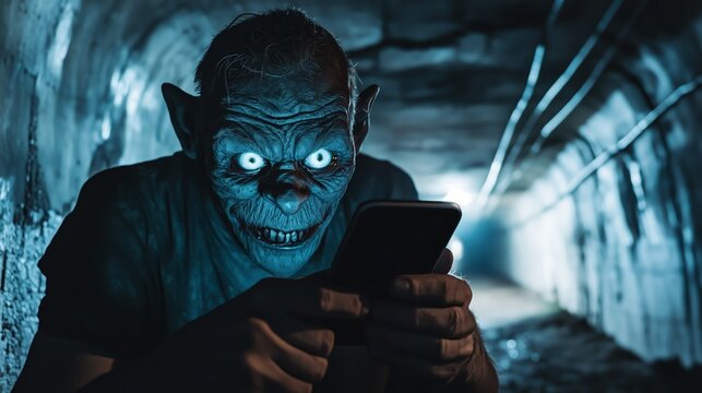 A creepy creature with glowing eyes sits in a dark tunnel and holds a smartphone in his hands. A creepy orc or goblin in a dungeon gets to know each other by phone in a dating app.