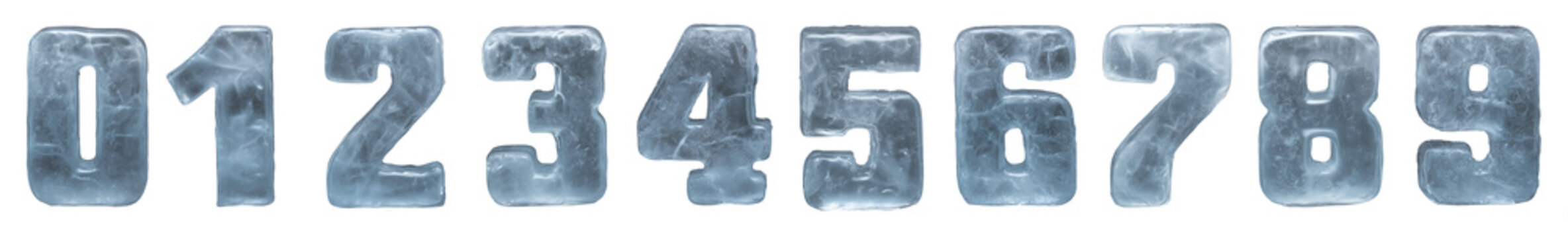 Icy numbers 0-9 on a transparent and black background. The volumetric texture of ice, blue shades, frost and glare. A set for typography and winter design.