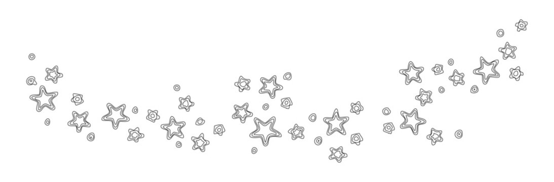Star wave trail line art, magic dust background. Christmas glitter outline design, golden star falling. Sparkle curve motion black set isolated on white bg, retro light patern. Vector illustration
