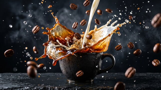 Milk Pouring Into Black Coffee Cup With Splash And Falling Coffee Beans Dark Background
