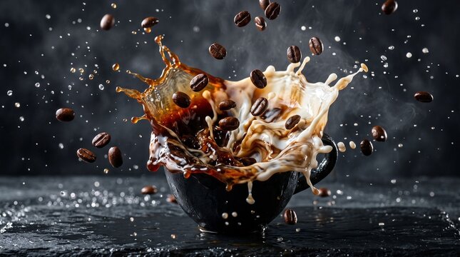 Milk Pouring Into Black Coffee Cup With Flying Coffee Beans And Splashes Dark Background