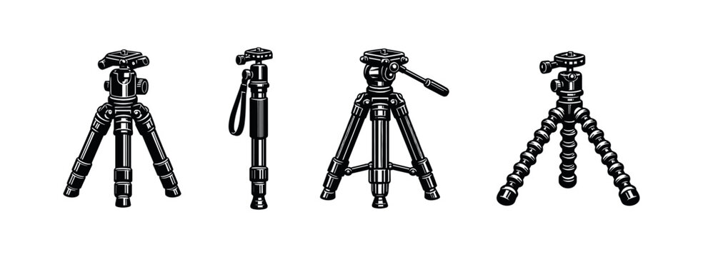 Black line illustrations show four compact camera tripods in varied setups and side views