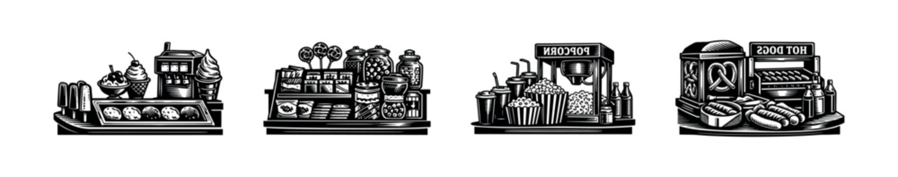 Black and white line illustration of fairground concession stands with hot dogs, popcorn and treats