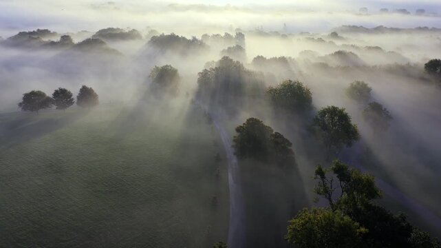 Aerial view of sun rays through morning mist over Heaton Park paths in Prestwich, Manchester