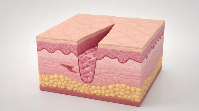 Skin cut incision wound healing stages in 3D animation