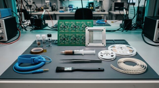 Electronic manufacturing services knolling with PCB panels, solder paste syringe, chip resistors, IC reels, tweezers, and ESD protection tools.