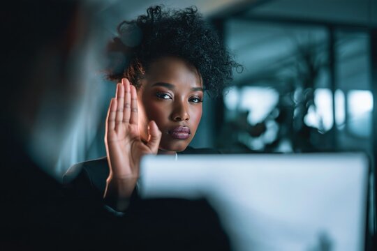 Focused young woman raising her hand in a professional office environment during an important discussion or meeting with determined expression and modern surrou