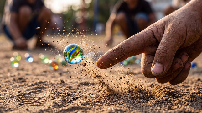 Dusty fingertips flicking colorful glass marble across sandy ground with flying dust