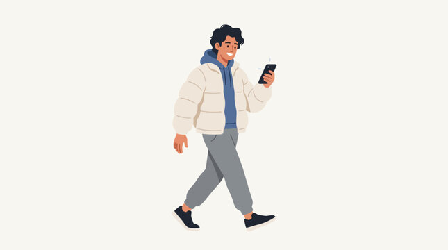 Modern Young Man Walking. Flat vector illustration of a smiling male in a puffer jacket using a smartphone on a white background ideal for mobile app marketing and digital lifestyle blogs.