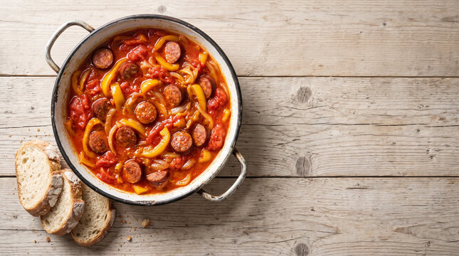 Hungarian lecso pepper and tomato stew with sausage in an enamel pan with white bread, top view with copy space